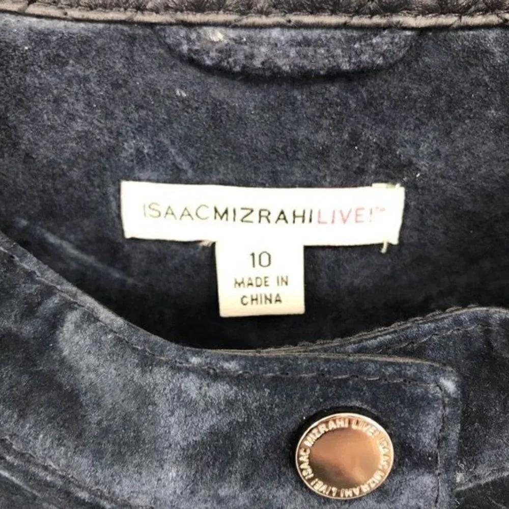Isaac Mizrahi Live navy long sleeves leather jacket zipper closure women size 10
